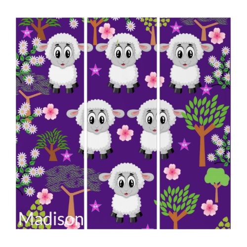 Triptych Sheep Trees Floral Purple