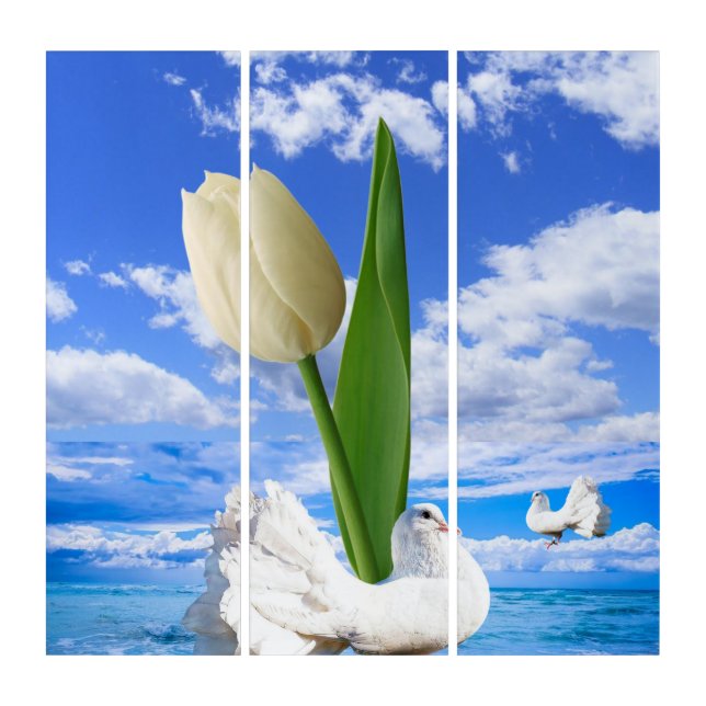 Triptych Sky White Doves Tulip Floral (Front)