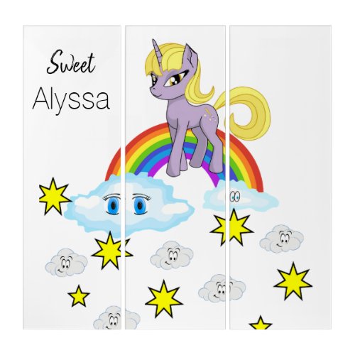 Triptych Unicorn Rainbow Happy Clouds Stars