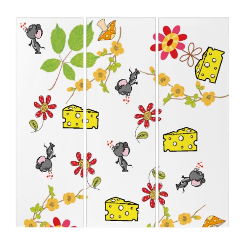 Triptych Vintage Cheese Mouse Mice Floral 