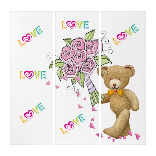 Triptych Vintage Floral Teddy Bear Love Hearts 