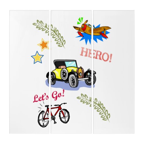 Triptych Vintage Hero Bicycle Car Airplane 