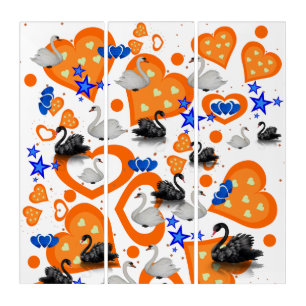 Triptych Vintage Orange Hearts White & Black Swans