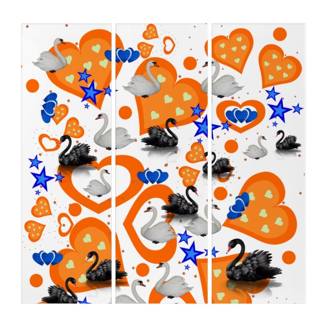 Triptych Vintage Orange Hearts White & Black Swans (Front)