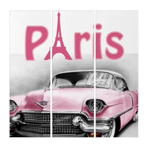 Triptych Vintage Paris France Pink Car 