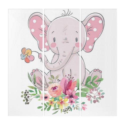 Triptych Vintage Pink Elephant Floral 