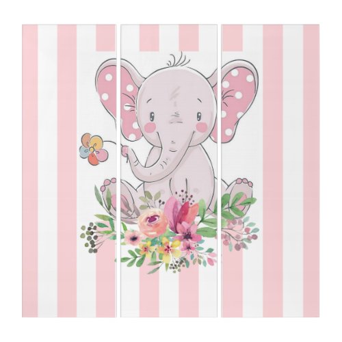 Triptych Vintage Pink Teddy Bear Stripes Floral 