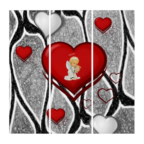 Triptych Wall Art Black Grey Angel Red Hearts