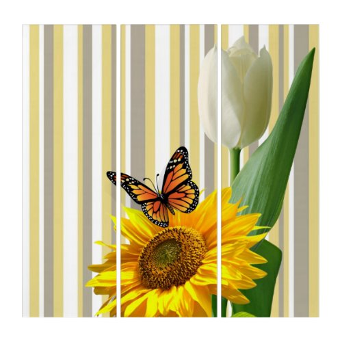 Triptych Wall Art Stripe White Tulip Butterfly