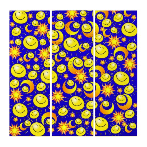 Triptych Wall Art Yellow Stars Sun Moon Blue