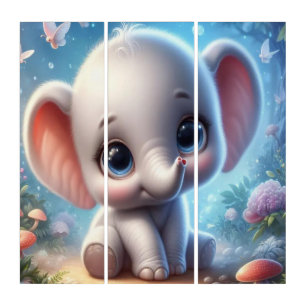 Triptych White Cute Baby Elephant Floral