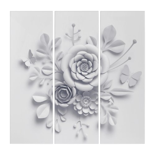 Triptych White Flowers Butterfly
