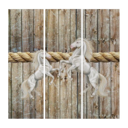 Triptych Wild White Horses Wooden Rope Background