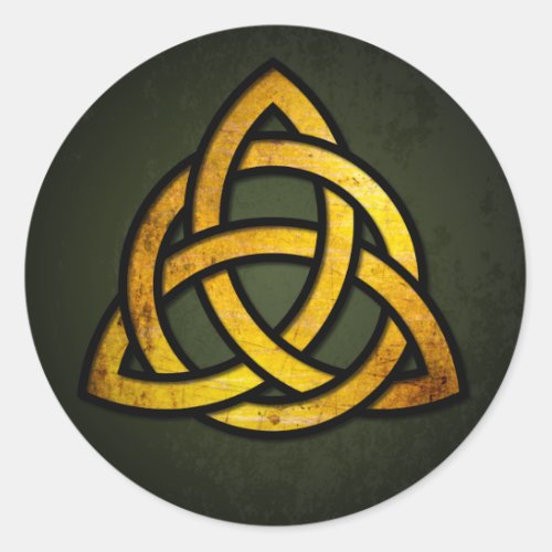 Triquet Celtic Knot gold  black on grunge green Classic Round Sticker