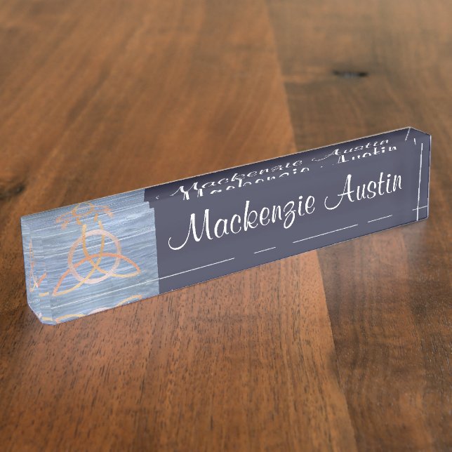 Triquetra Abstract | Blue Gold Celtic Trinity Knot Desk Name Plate (Side)