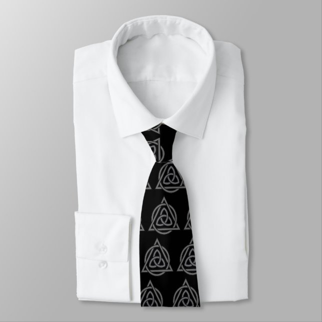 Triquetra Interlaced Triangle Circle {Black} Neck Tie (Tied)