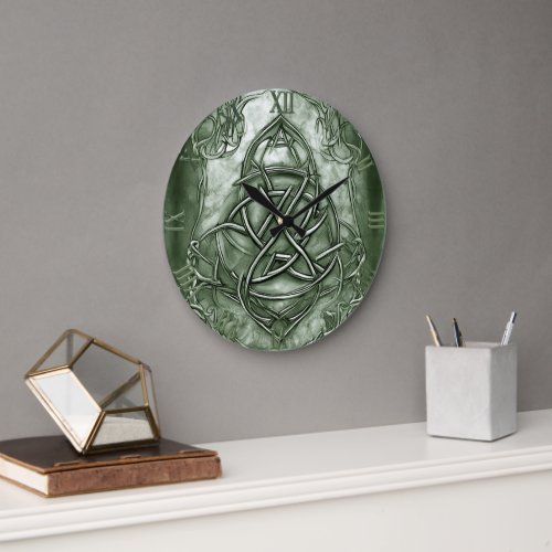 Triquetra Trinity Knot Sage Green Faux Metallic Large Clock