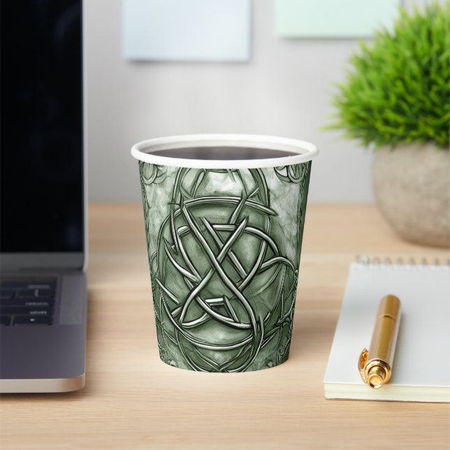 Triquetra Trinity Knot Sage Green Faux Metallic Paper Cups (Insitu)