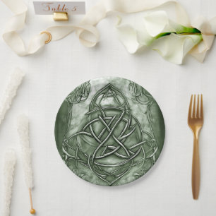 Triquetra Trinity Knot Sage Green Faux Metallic Paper Plates