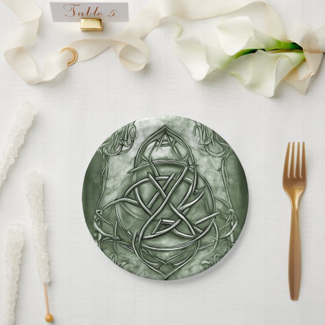 Triquetra Trinity Knot Sage Green Faux Metallic Paper Plates (Wedding)