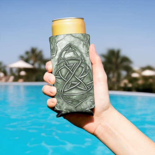 Triquetra Trinity Knot Sage Green Faux Metallic Seltzer Can Cooler