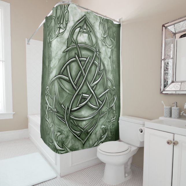 Triquetra Trinity Knot Sage Green Faux Metallic Shower Curtain (In Situ)
