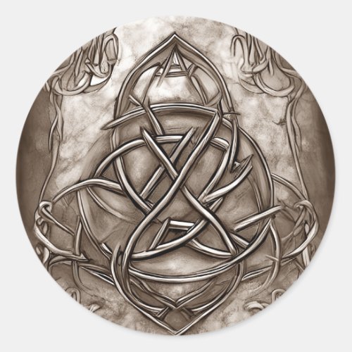 Triquetra Trinity Knot Sepia Faux Metallic Tin Classic Round Sticker