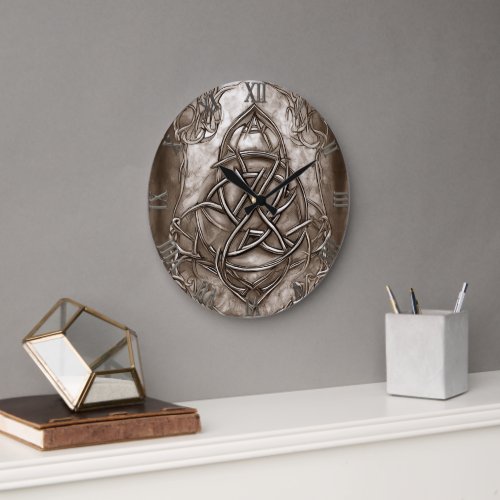 Triquetra Trinity Knot Sepia Faux Metallic Tin Large Clock