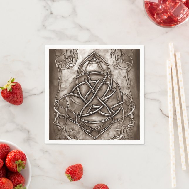 Triquetra Trinity Knot Sepia Faux Metallic Tin Napkins (Insitu)