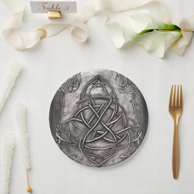 Triquetra Trinity Knot Silvery Pewter Faux Metal Paper Plates (Wedding)