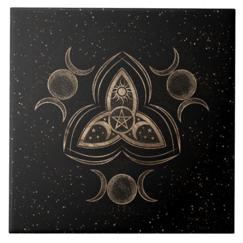 Triquetra Triple Moon Ornament with Pentagram Ceramic Tile