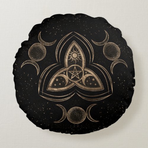 Triquetra Triple Moon Ornament with Pentagram Round Pillow
