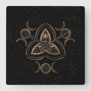 Triquetra Triple Moon Ornament with Pentagram Square Wall Clock