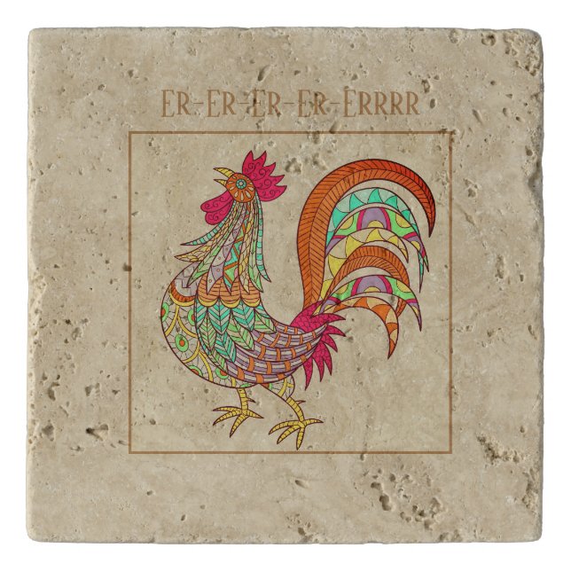 Trive Stone Travertine-Colorful Rooster Trivet (Front)