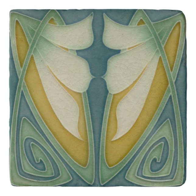 Trivet - Art Nouveau Blue Background Ivory Flowers (Front)