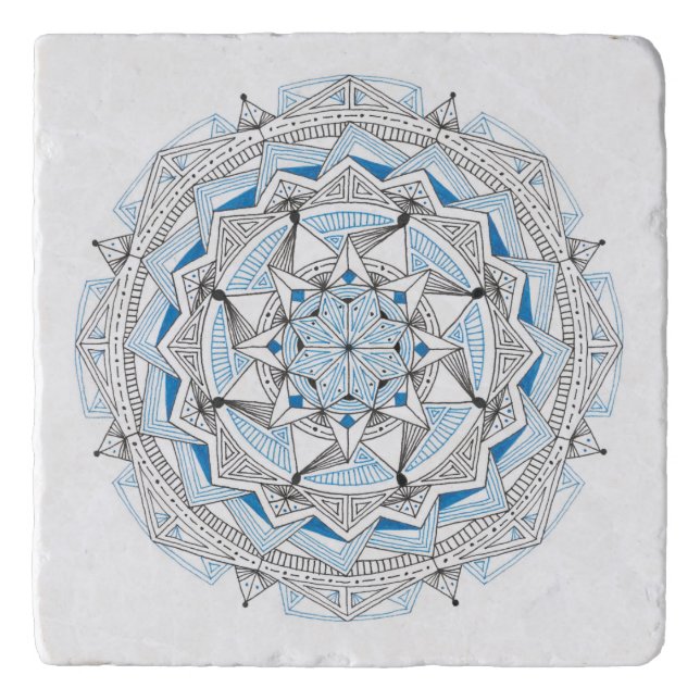 TRIVET in Stone Marble with Mandala Design Blue (Front)