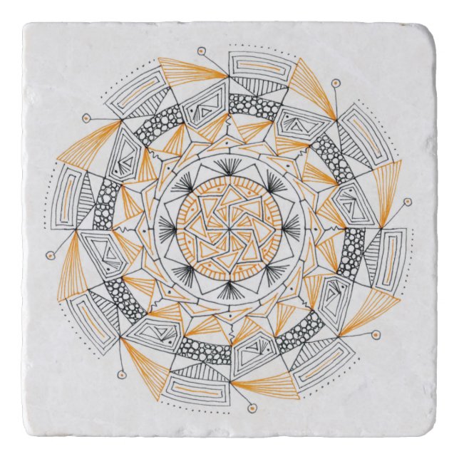 TRIVET in Stone Marble with Mandala Design Orange (Front)
