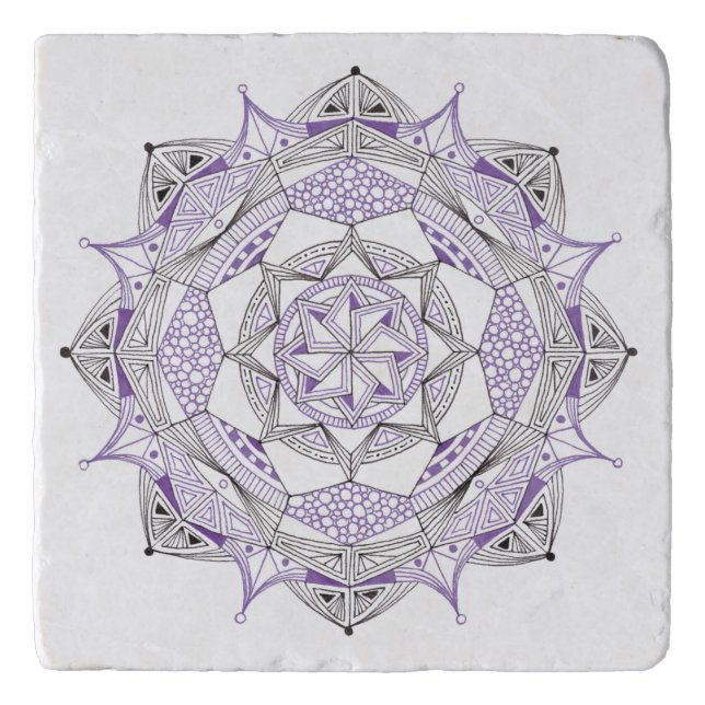 TRIVET in Stone Marble with Mandala Design Purple (Front)