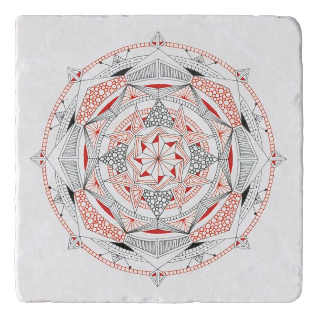 TRIVET in Stone Marble with Mandala Design Red (Front)