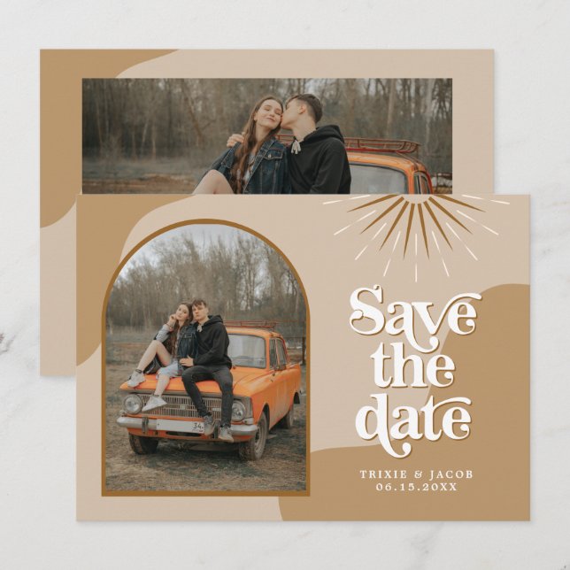 TRIXIE Beige Retro Arched Photo Save the Date  Invitation (Front/Back)