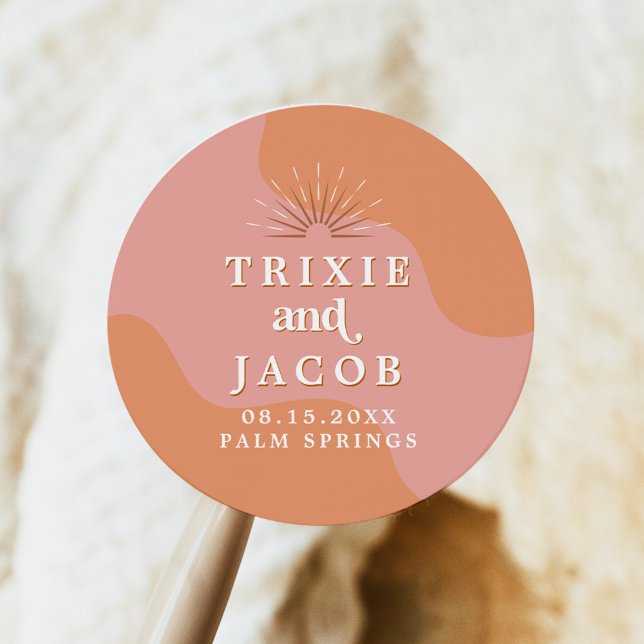 TRIXIE Retro 70's Groovy Pink and Orange Wedding Classic Round Sticker (Creator Uploaded)