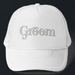 TRIXIE Retro 70's Themed Blue and Orange Groom Trucker Hat<br><div class="desc">This bride bachelorette trucker hat features a retro 70's themed font in blue and orange coloring. Colors are editable! Click 'edit design' to create your own colors.</div>