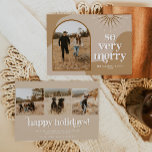 TRIXIE Retro Arched Photo Boho Christmas Card<br><div class="desc">This Christmas card features a bohemian arched photo design,  a retro font and sunburst with a modern bohemian beige color combination. Easily edit all colors to meet your needs and swap out the photos on the front and back for a personal touch. 
📸 : @celestialphotography865</div>