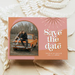 TRIXIE Retro Arched Photo Boho Save the Date Invitation<br><div class="desc">This save the date card features a bohemian arched photo design,  fun orange swirls,  a bright pink background and retro font and sunburst. Easily edit all colors to meet your needs and swap out the photos on the front and back for a personal touch.</div>