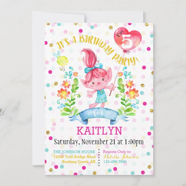 Troll Girl Flowers Balloon Fifth Birthday Invitation (Front)