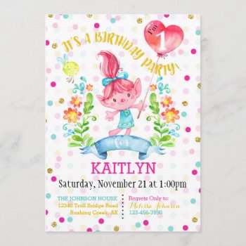 Troll Girl Flowers Balloon First Birthday Invitation by NouDesigns at Zazzle