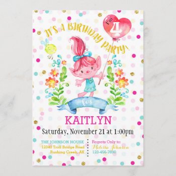 Troll Girl Flowers Balloon Fourth Birthday Invitation by NouDesigns at Zazzle