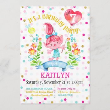 Troll Girl Flowers Balloon Seventh Birthday Invitation by NouDesigns at Zazzle