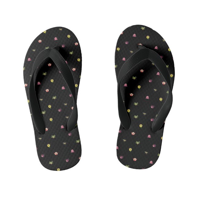 troll pattern black kid's flip flops (Footbed)