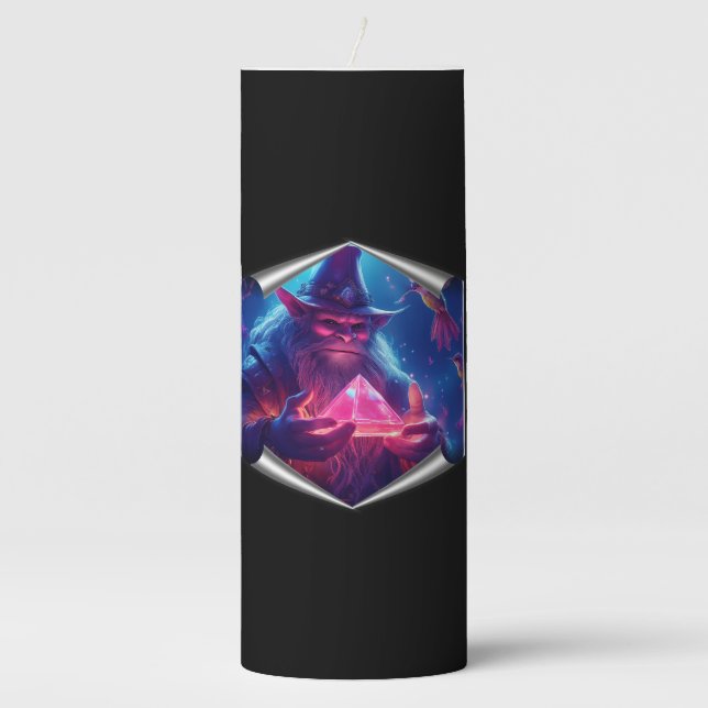 Troll With Glowing Glass Pyramid And Hummingbirds Pillar Candle (Front)